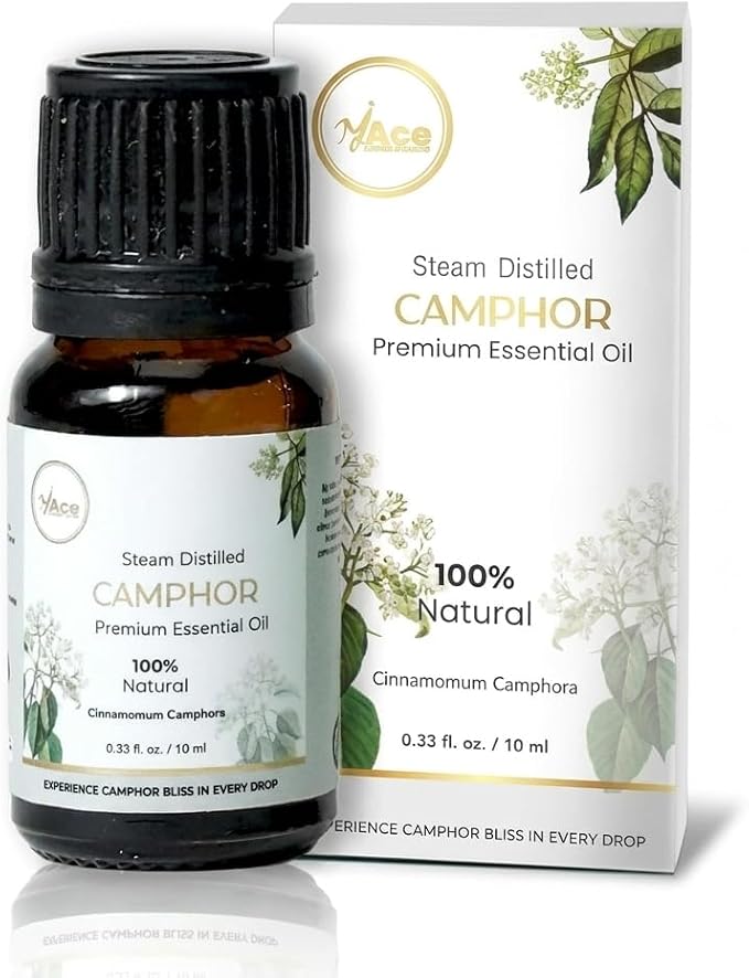 My ACE Camphor Essential Oil 0.33 Fl Oz - Pure & Natural - Premium Grade for Aromatherapy, Diffuser, Skin, Hair, Massage, Candle, Soap Making, Home - Glass Bottle with Dropper - Long Lasting Scent