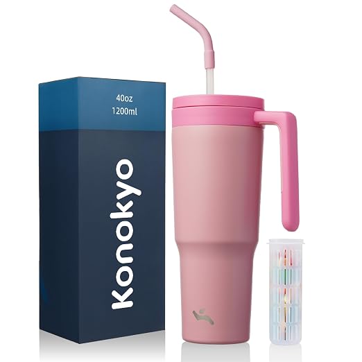 Konokyo Insulated Tumbler with Handle and Straw,40 OZ Vacuum Stainless Steel Water Bottle Travel Mug Metal Cup with Fruit Diffuser,Pink