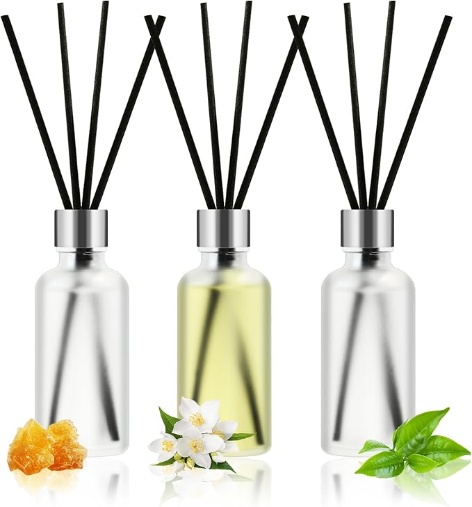 CALMORA Reed Diffuser Set of 3, 50ml Lily & Jasmine/White Tea/Amber Scented Oil Diffuser with 15 Sticks | Home Fragrance for Bedroom, Bathroom, Office & Living Room for Women Men