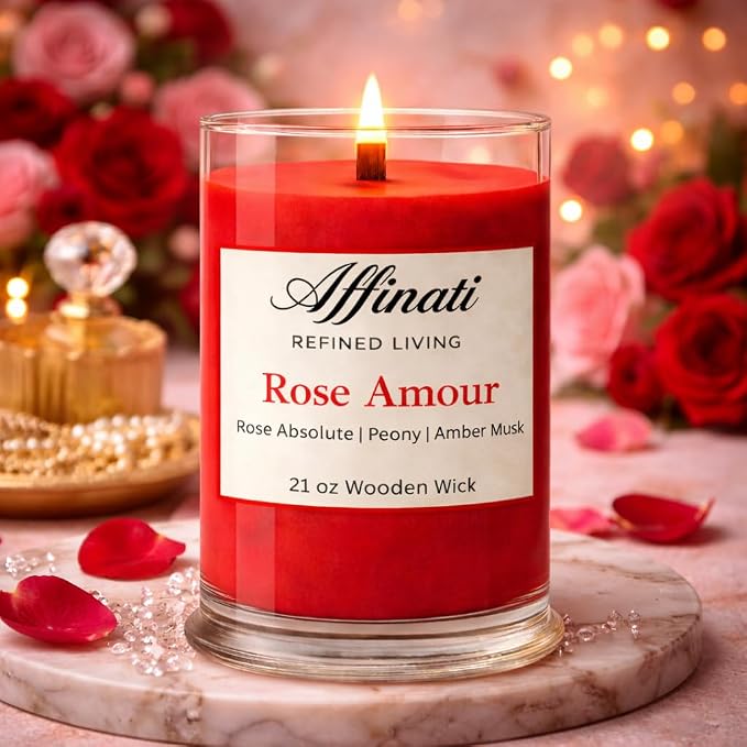 Affinati Rose Amour Large Scented Candle, 21 oz Wooden Wick Tumbler – Extra Long Lasting Premium Floral Fragrance, Large Room Luxury Soy Candle