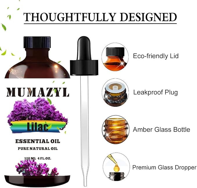 Lilac Essential Oil, Lilac Oil 4 Fl Oz 120ML for Diffuser Humidifier Yoga Cleaning DIY Candle Soap Making MUMAZYL Essential Oils