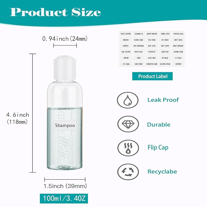 Moonlik Clear Toiletry Travel Bottles, 3.4oz/100ml TSA Approved Empty Containers with Toiletry Bag - Cosmetic Kit with Labels for Shampoo, Conditioner, Lotion, and Airplane Accessories(4Pack, White)