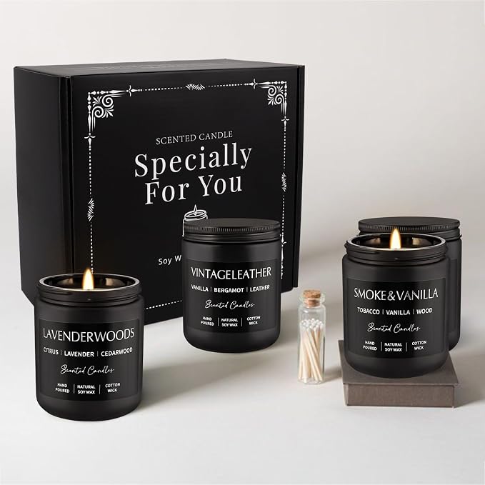 WPONSZU 4Psc Scented Candles Set,7oz Gifts for Men Aromatherapy,Soy Candle of Smokeless - Leather & Smoke, Vanilla Oakmoss, Lavender - Relaxing Fragrance for Home, Office, Yoga(Black)