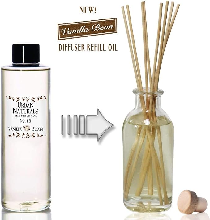 Urban Naturals Vanilla Bean Reed Diffuser Refill, 4 oz, Bundle with Vanilla Bean Reed Diffuser Set - Made with Essential Oils in the USA