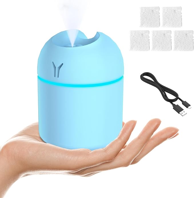 Portable Mini Humidifier, 250ML Small Humidifier, 3-in-1 Colorful Mini Humidifier + Night Light + Car Humidifier, Cool Mist Humidifier with Aroma Pads, USB Portable Humidifier For Travel (Blue)