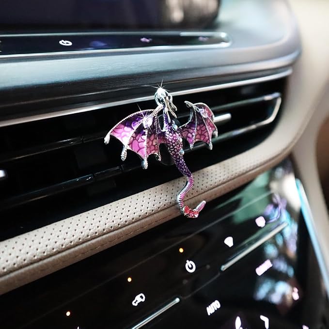 ORIESSE Bling Wyvern Car Air Freshener Vent Clips,2pcs Alloy Purple Enamel Dragon Vent Clips Car Accessories,Refillable Car Diffuser with Felt Mads,Coffee Fragrance Tablets