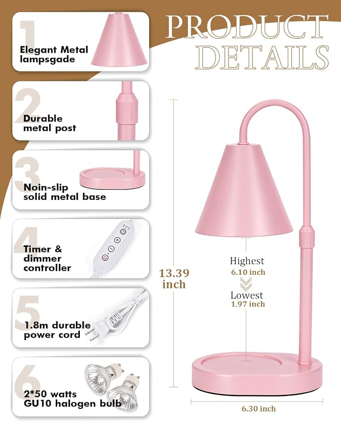 Funistree Modern Pink Candle Warmer Lamp with Timer, Dimmable Candle Lamp Warmer, Mothers Day Birthday Gifts for Women, Adjustable Candle Light, Anniversary Day Gifts Candle Warmer,Bedroom Home Decor