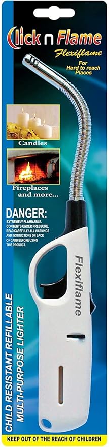 Click-n-Flame 3 Pack Long Flexible Lighter, Refillable Butane, White, Modern Style, Plastic Core, Metal Alloy