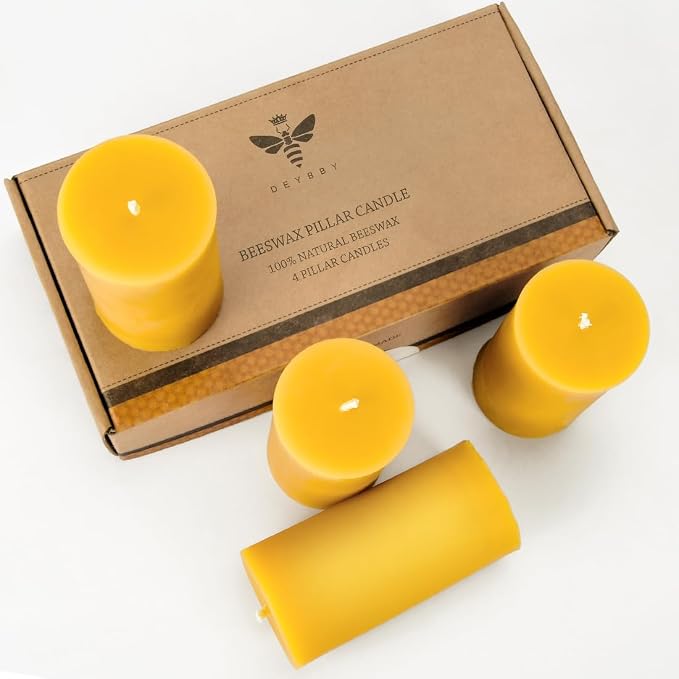 DEYBBY 2 x 4 inch Natural Beeswax Pillar Candles Set of 4, Smokeless Dripless Pure Beeswax Candle Bulk with Natural Scent for for Home Decor Blackout Housewarming Party Event, Long Burn, Yellow