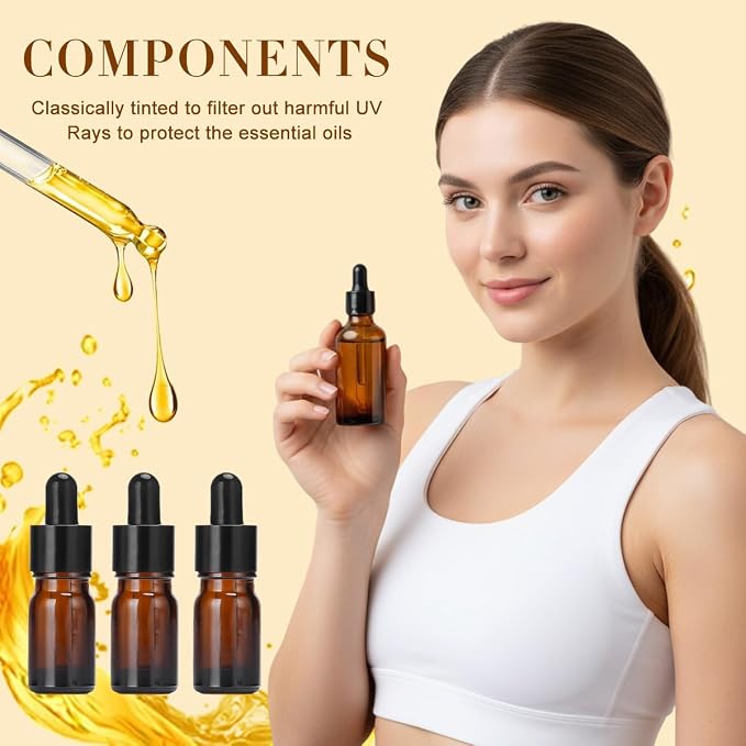 erioctry 5ML/10ML Amber Glass Essential Oil Bottles and Eyed Dropper Black Caps Makeup Cosmetic Sample Container Boxes of Glass for Essential Oil Aromatherapy Use(Pack of 12) (5ML)