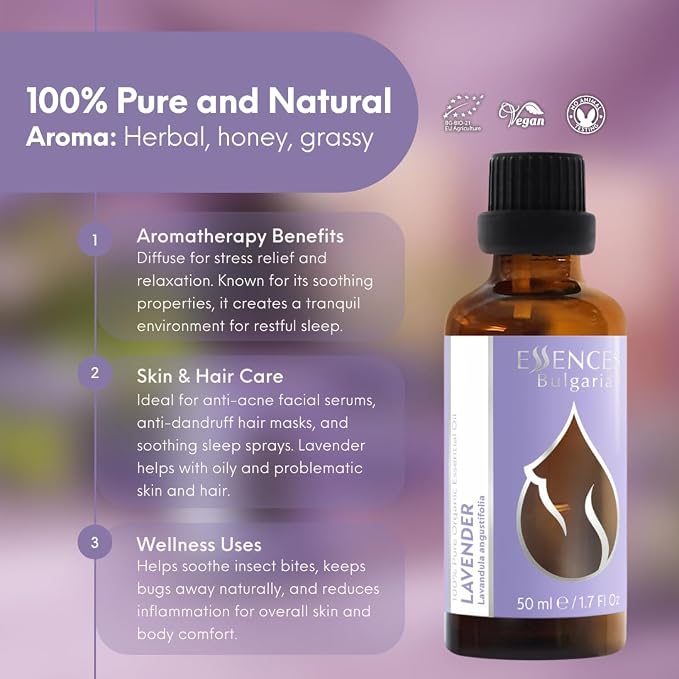 Essences Bulgaria Organic Lavender Essential Oil 1,7 Fl Oz | 50ml | Lavandula angustifolia | 100% Pure and Natural | Undiluted | Therapeutic Grade | Family Owned Farm | Steam-Distilled | Non-GMO