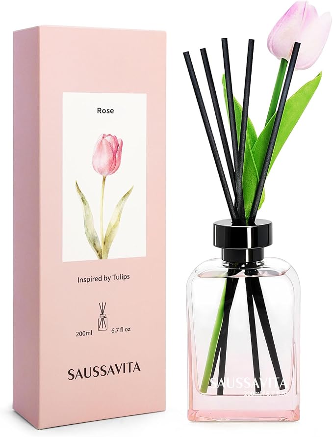 Reed Diffuser Set with Tulip Flowers Vintage Rectangular Bottle Rose Scent, Reed Diffusers 6.76 fl oz for 120 Days Narrow Spaces, Flower Reed Diffuser Long Lasting for Bathroom, Office, Shelf Decor