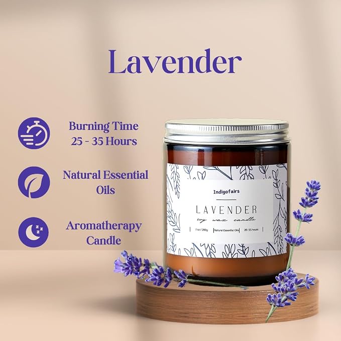 Lavender Scented Candle - 7oz Soy Wax Aromatherapy Candle for Stress Relief & Relaxation – 40 Hours Long Lasting, Natural Essential Oils, Gift for Women & Home Decor