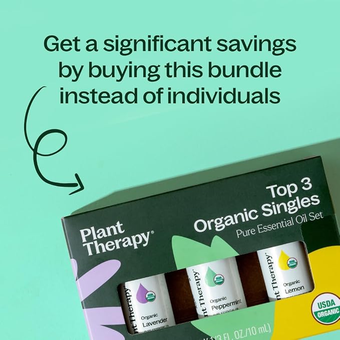 Plant Therapy Top 3 Organic Essential Oil Singles Set 10 mL (1/3 oz) Lemon, Lavender & Peppermint 100% Pure Essential Oils, Undiluted, Natural Aromatherapy for Diffusion and Body Care