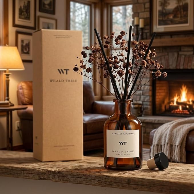 WEALD TRIBE Reed Diffuser Set for Bathroom Air Fresheners, Oil Diffuser Sticks | Vanilla Whiskey Scent 4.0 fl oz Home Fragrance with Sticks Defusers | House Bedroom Office Shelf Decor