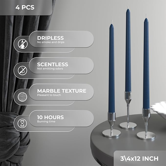 CANDWAX 12 inch Taper Candles - Set of 4 Dripless and Smokeless Unscented Slow Burning Candle Sticks - Dark Blue Candles