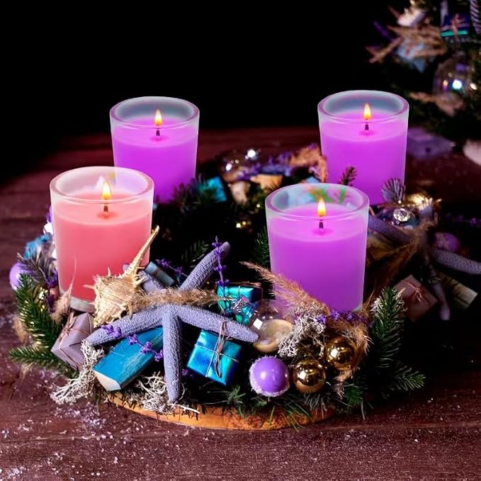 Purple and Pink Christmas Advent Votive Candles in Glass, Unscented 15 Hour Soy Wax Love, Hope, Peace and Joy Candles for Christmas Wedding Table Home Spa Holidays Party, 4 Packs