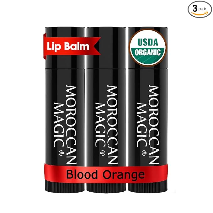 Moroccan Magic Organic Blood Orange Lip Balm 3 Pack | Ultra-Hydrating Argan & Essential Oil Lip Moisturizer + Vitamin E | Natural Chap Stick for Dry Lips | Smooth, Non-Toxic | Organic Lip Balm