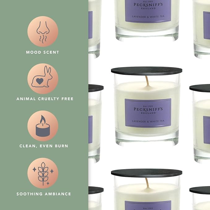 Pecksniffs Lavender & White Tea Scented Candle | Elegant Glass Vessel | Scented Candles for Home | 1 Wick, 184g/6.49oz