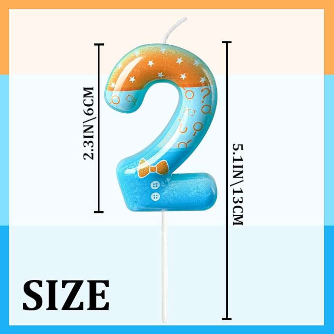 Number 2 Birthday Candle for Cake – Blue Cartoon Outfit Style with Bow Tie, Question Mark & Star Pattern – Fun Cake Topper Decoration for Celebration
