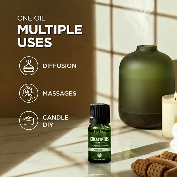 Gya Labs USDA Organic Eucalyptus Essential Oil for Diffuser & Seasonal Comfort - for Skin, Massages, Hair & Scalp Care, Aromatherapy, DIY Candle Making Scents - 0.34 Fl Oz