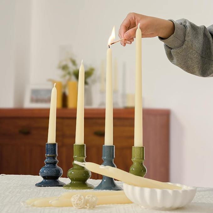 DEYBBY 10 inch Natural White Beeswax Taper Candles Set of 12, Smokeless Dripless Pure Organic Beeswax Candles Bulk for Anniversary Wedding Dinner Home Decor Emergency Housewarming Gift, 8-9Hrs Burn