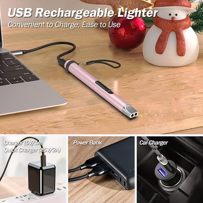 Candle Lighter, Electric Rechargeable USB, Arc Windproof Flameless Plasma Lighter Long Stick, No Butane Fluid, Perfect for Candle BBQ Camping Kitchen Stove, Pink and White