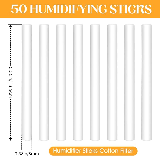 50 Pcs Humidifier Filter Replacement Rods Premium Cotton Filter Refills for Portable USB Mini Cool Mist Humidifiers (50, 5.354Inches)