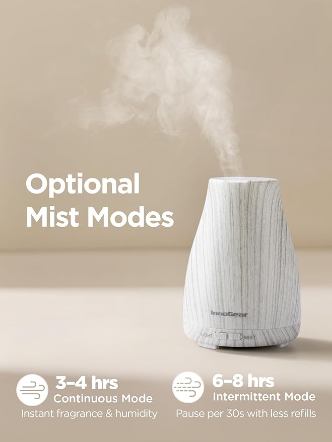 InnoGear Essential Oil Diffuser, Ultrasonic Diffusers for Home Aromatherapy Humidifier for Bedroom Room 7 Colors LED 2 Mist Mode Auto Off, White Grey