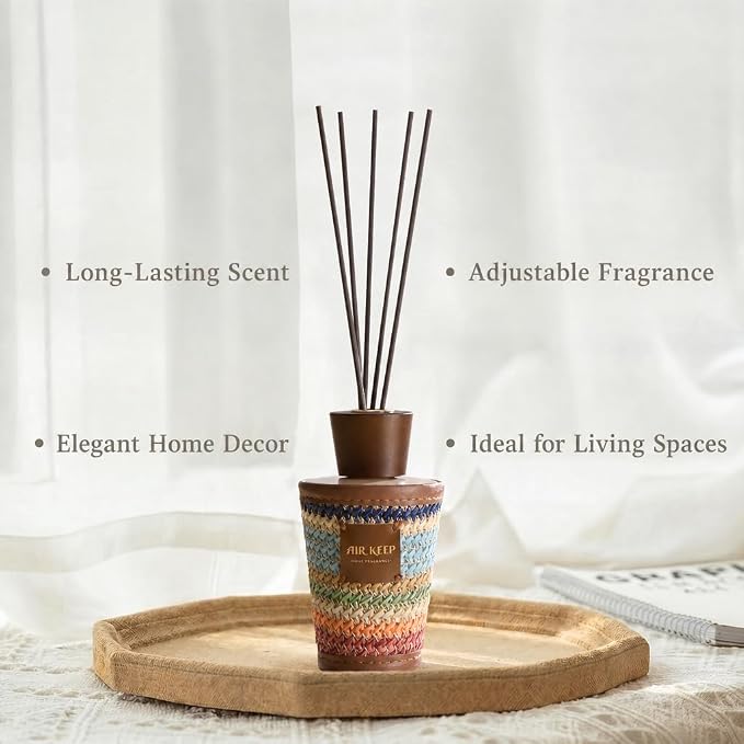 Airkeep Reed Diffuser Set, Moroccan Amber 5.1 fl oz (150 ml), Long Lasting Home Fragrance with Reed Diffuser Sticks, Boho Decorative Room Diffuser for Bathroom, Bedroom, Living Room & Office