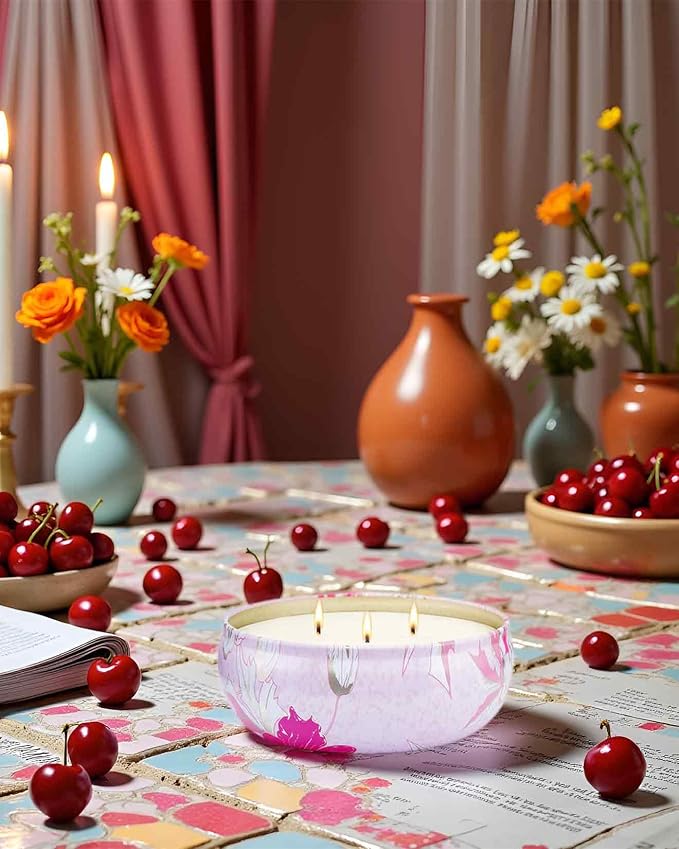 M&SENSE Cherry Blossom Scented Candles 12 oz, Large 3 Wick Soy Tin Candle, Over 40 Hour Burning Time, 100% Natural Vegan Wax, Relaxing Aromatherapy Aesthetic Candle Gift for Women and Men