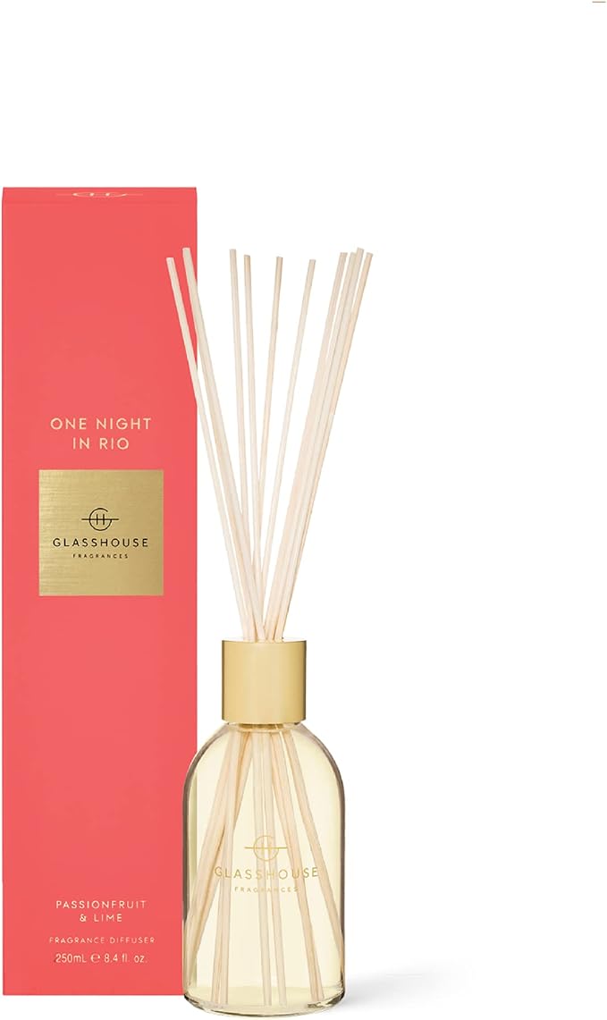 Glasshouse Fragrances One Night in Rio Reed Diffuser, Home Fragrance & Perfume Scented Room Decor, Natural & Oil Free, Passionfruit & Lime, 8.5 Oz (250mL)