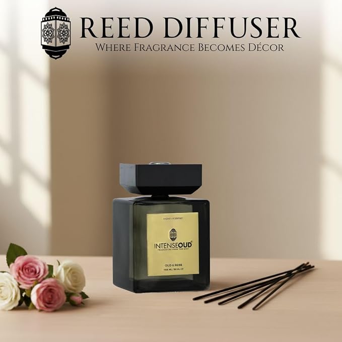 Reed Diffuser for Home with Oud & Rose Scent 1000ML (35.1 OZ) Long-Lasting Aromatherapy Diffusers with 6 Reed Sticks & Refillable Glass Holder – Up to 90 Days of Flame-Free Home Fragrance