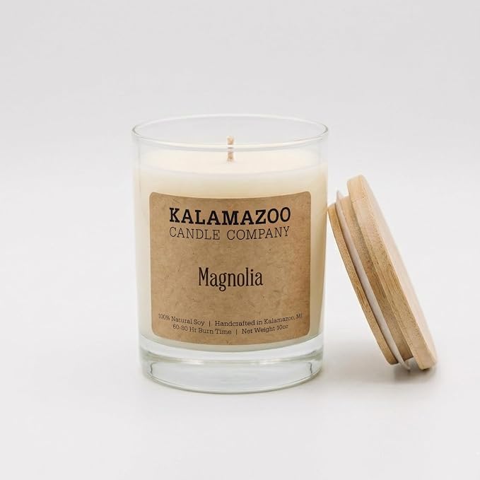 Kalamazoo Candle Company Hand-Poured Soy Wax Candle – 10oz Classic Jar, 60-80 Hour Burn Time – Made in USA, Highly Scented, Phthalate-Free (Magnolia)