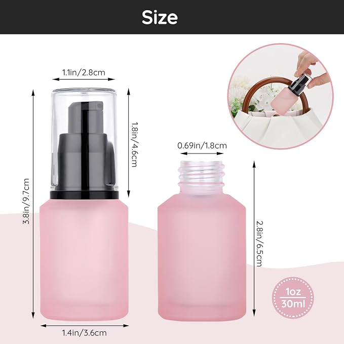 Segbeauty 1oz Frosted Glass Travel Bottles for Toiletries, Pack of 3 Refillable Travel Lotion Bottle, Pink Makeup Pump Dispenser Cream Lotion Containers, 30ml Leak Proof Cosmetic Bottles for Women