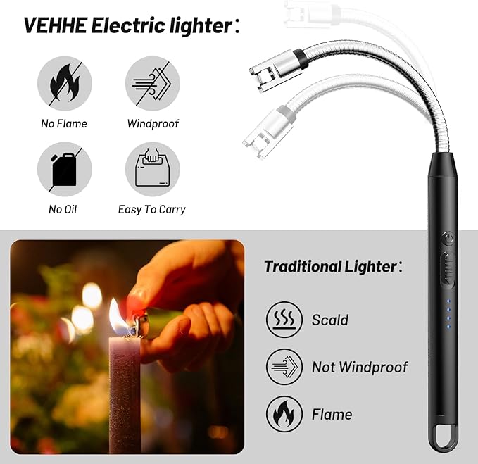 VEHHE Electric Lighter with 360° Flexible Neck, Flameless Windproof Long Candle Lighter with Led Battery Display, USB C Rechargeable with Hanging Hook for Gifts BBQ Fireworks (Black)