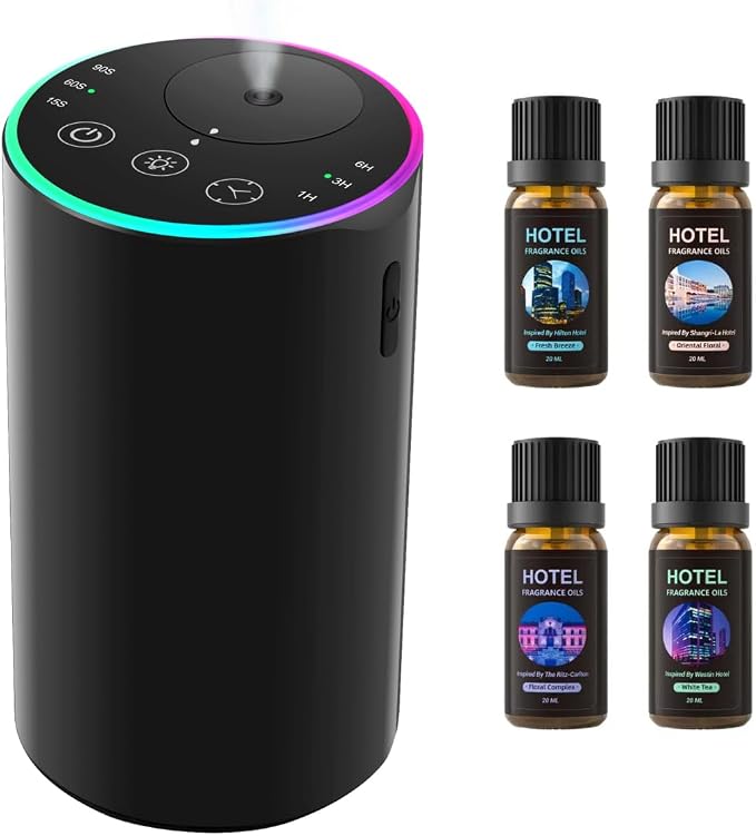 Waterless Diffuser Kit with 4 x 20mL Hotel Fragrance Oil,Aluminum Alloy | Cordless Battery powered, 7-color LED,4 Timers，3 Mist Levels ，Home Car Office Room