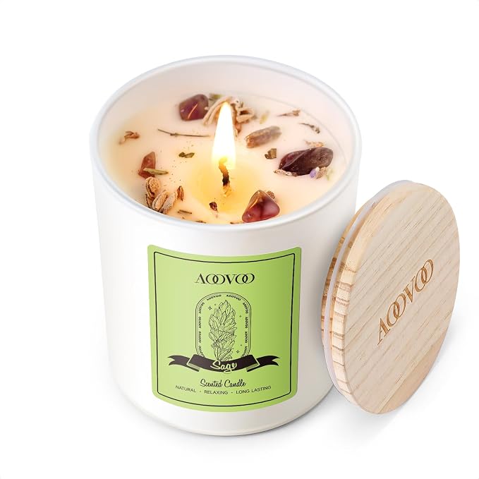 AOOVOO Sage Scented Candles for Women - Aromatherapy Candle with Crystals Inside, 7oz Soy Candles for Home Scented, Mothers Day Birthday Gifts Mothers Day Candle for Women Mom