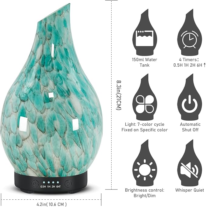 Essential Oil Diffuser 120ml Ultrasonic Aromatherapy Diffuser with Handmade Glass BPA Free, Auto Shut-Off 4 Timer Setting 7 Colors Changed LED for Home Yoga Office (Cobblestone)