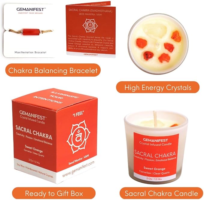 Sacral Chakra Candle with Carnelian Onyx Bracelet Orange Candle for Creativity Success and Balance Best Spiritual Meditation Gifts for Women Men Office Productivity Gifts