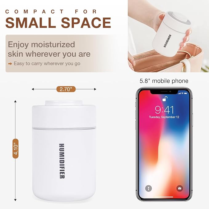 Small Mini Humidifier, USB Desk Cool Mist Humidifier Personal Portable Quiet Table Desktop Humidifiers for Cooling Home Office Car Summer Travel (180ml, White Grey)