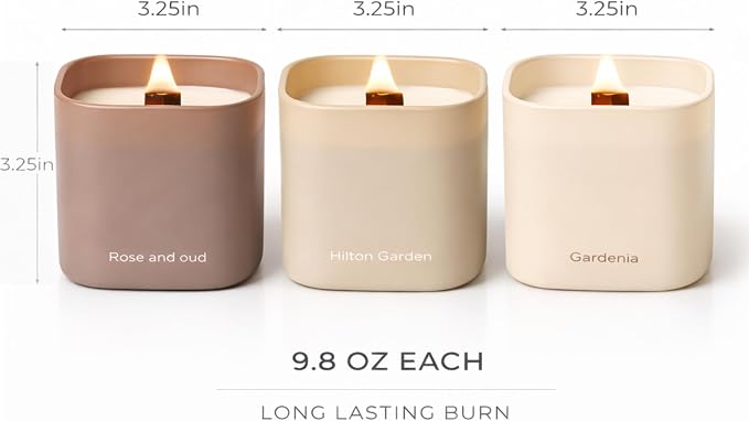 Set of 3 Premium Scented Soy Candles Gift Set | Nature's Bloom Collection - Gardenia, Hilton Garden and Rose & Oud | Crackling Wood Wick | Luxury Candles for Relaxation, Home Décor, Gifts | 9.8oz Each
