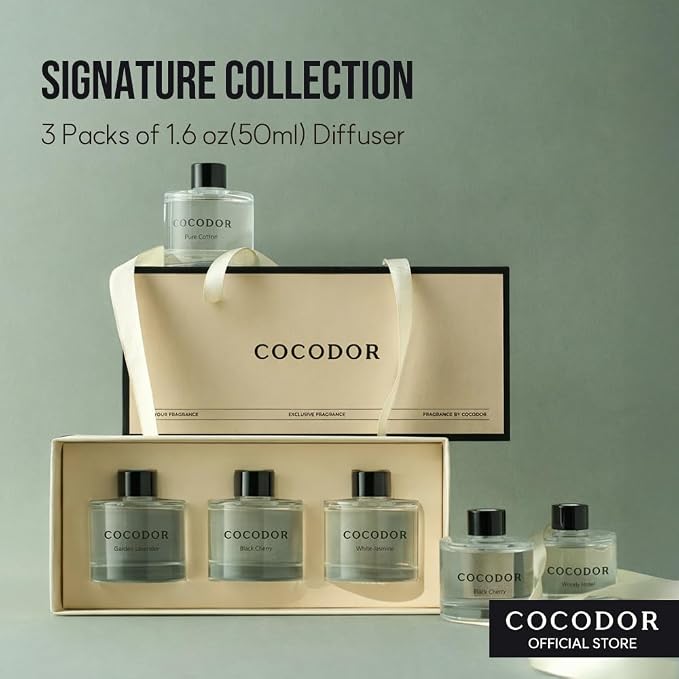 COCODOR Signature Collection Reed Diffuser Set of 3/White Jasmine,Garden Lavender,Black Cherry/1.6oz Each Pack/Home Fragrance Diffuser, Oil Scent Diffuser for Bathroom Shelf Decor