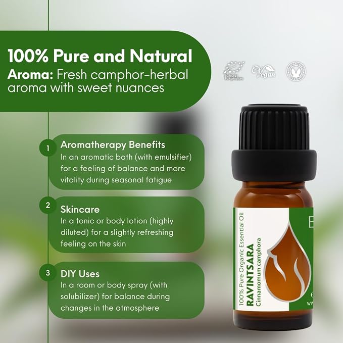 Essences Bulgaria Organic Ravintsara Essential Oil 0.34 Fl Oz | 10ml | Cinnamomum camphora | 100% Pure and Natural | Undiluted | Therapeutic Grade | Aromatherapy | Cosmetics | Cruelty Free | Non-GMO
