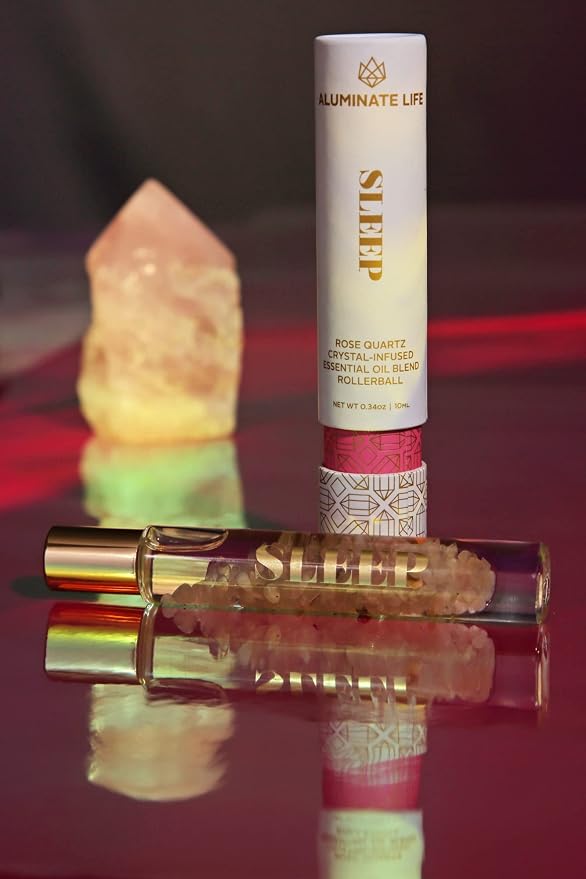 Essential Oil Rollerball - Sleep, 0.34 oz – Rose Quartz Crystal Infused Roll On with Rose, Lavender & Vanilla – Aromatherapy Blend, Vegan, Made in USA, Gift Ready
