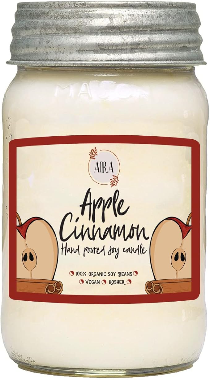 Aira Soy Candles - Organic, Kosher, Vegan, in Mason Jar w/Therapeutic Grade Essential Oil Blends - Hand-Poured 100% Soy Candle Wax - Paraffin Free, Burns 110+ Hours - Apple Cinnamon -16 Ounces