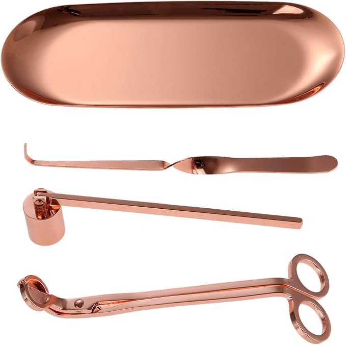 MUXSAM 4 in 1 Candle Accessory Set - Candle Wick Snuffer, Trimmer, Dipper & Storage Tray - Rose Gold