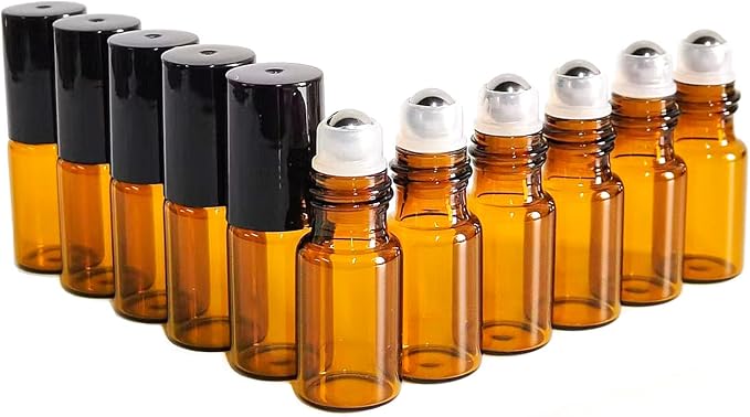 50 PCS 3ml Amber Glass Roller Bottle,Essential Oil Sample Vials with Stainless Steel Roller Ball,Black Caps,for Travel Perfume Cosmetics Small Container(2 Funnels, 2 Dropper, 1 Opener) (3ml)