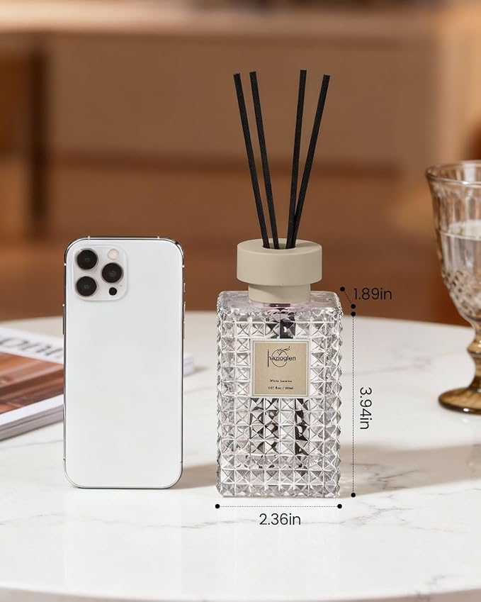 Reed Diffuser Set, White Jasmine Scented Home Fragrance Air Freshener for Bathroom Shelf Decor, 5.07 fl oz/150ml Essential Oil with Sticks