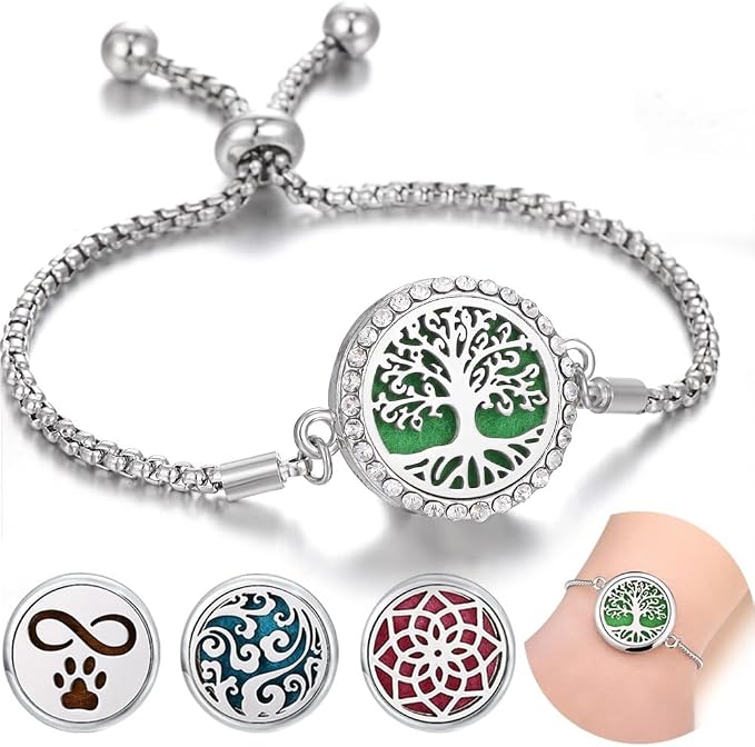 316L Stainless Steel CZ Family Tree Essential Oil Diffuser Bracelet Tree of Life Aromatherapy Locket Bracelet with 10 Pcs Refill Pads for Women